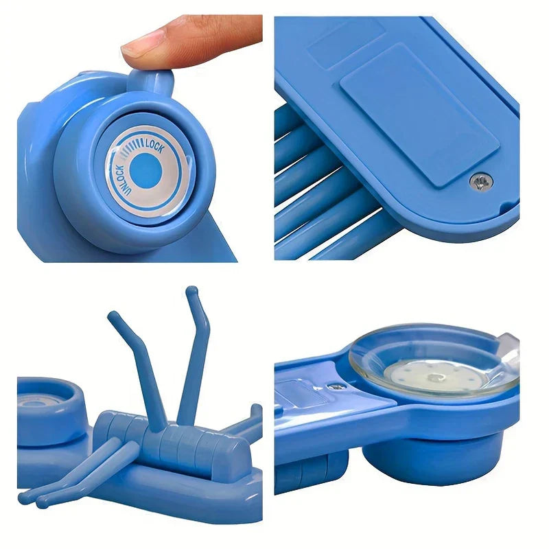 Heavy Duty Suction Cup Hooks - 4 close-up detail views of blue multi-arm wall holder showing lock dial, back plate, swivel arms, and suction cup base