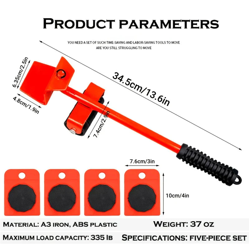 Furniture Lifter - Product parameter diagram of a five-piece furniture moving tool set, with labeled dimensions, weight, material and load capacity details.