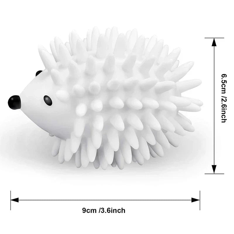 Reusable Dryer Balls - White hedgehog-shaped plastic object with size dimensions marked alongside