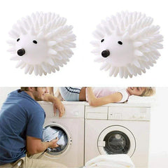 Reusable Dryer Balls - Two identical white spiky hedgehog-shaped objects above a man and woman at two front-loading washing machines