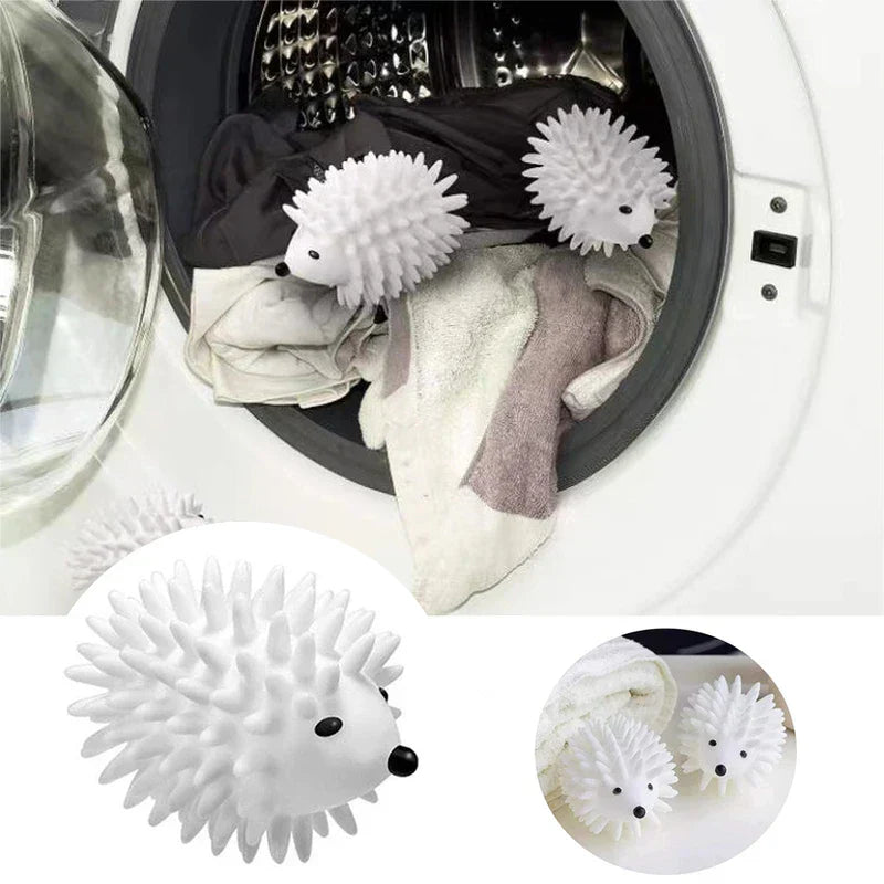 Reusable Dryer Balls - Two white hedgehog-shaped spiky balls resting on clothes inside an open front-loading washing machine, with close-up insets of the balls.