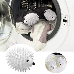Reusable Dryer Balls - Two white hedgehog-shaped spiky balls resting on clothes inside an open front-loading washing machine, with close-up insets of the balls.