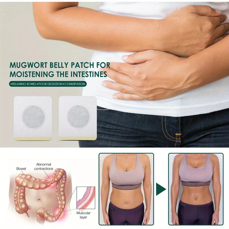 Slimming Patch - Two patches displayed alongside a digestive tract diagram and before/after torso comparison showing midsection change