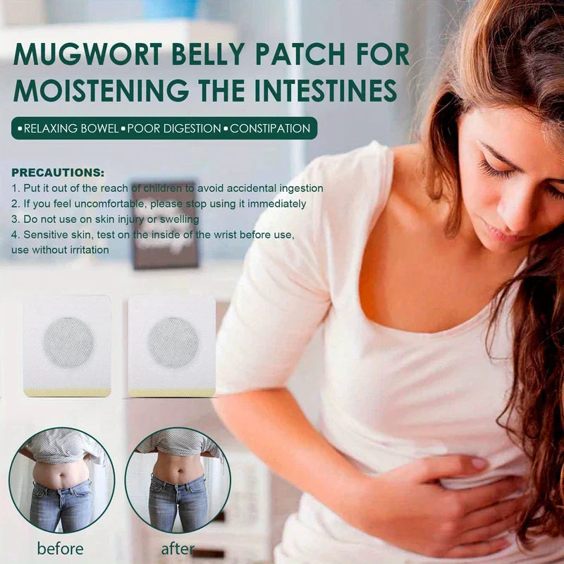 Slimming Patch - Infographic layout for a mugwort belly patch, showing the patch, a woman holding her stomach, before-after belly images and precaution text