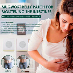 Slimming Patch - Infographic layout for a mugwort belly patch, showing the patch, a woman holding her stomach, before-after belly images and precaution text