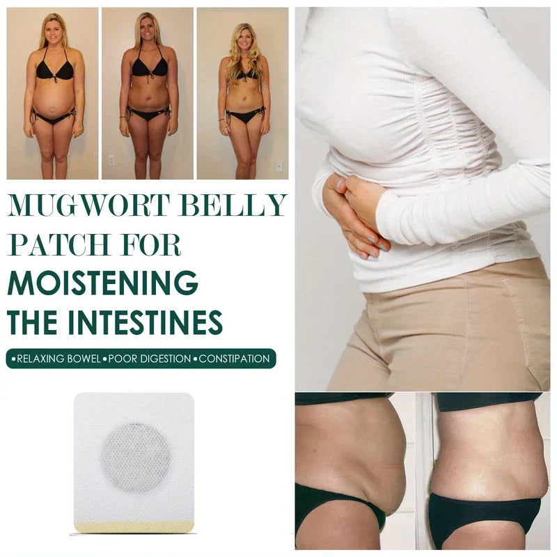 Slimming Patch - Collage for a mugwort belly patch, including body progress photos, a patch, a person holding their abdomen, and side view before-after belly images