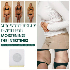 Slimming Patch - Collage for a mugwort belly patch, including body progress photos, a patch, a person holding their abdomen, and side view before-after belly images