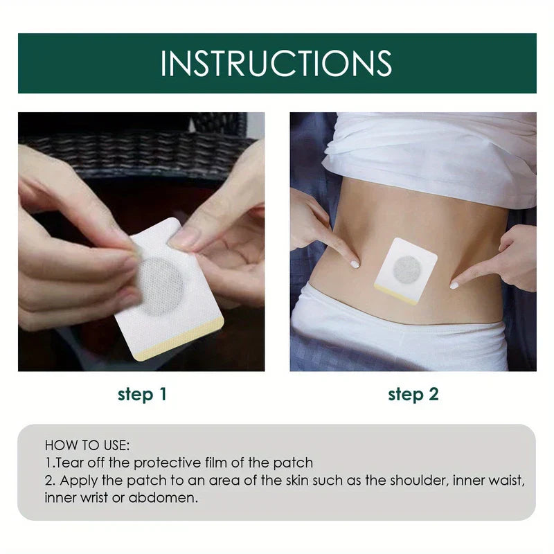 Slimming Patch - Two-step product use instructions: hands peeling patch film, and patch applied to a person’s lower abdomen
