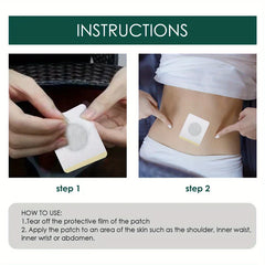 Slimming Patch - Two-step product use instructions: hands peeling patch film, and patch applied to a person’s lower abdomen