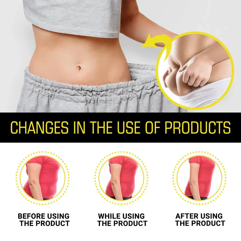 Bath Beads - Before-and-after weight loss comparison graphic showing torso slimming progress and usage change timeline
