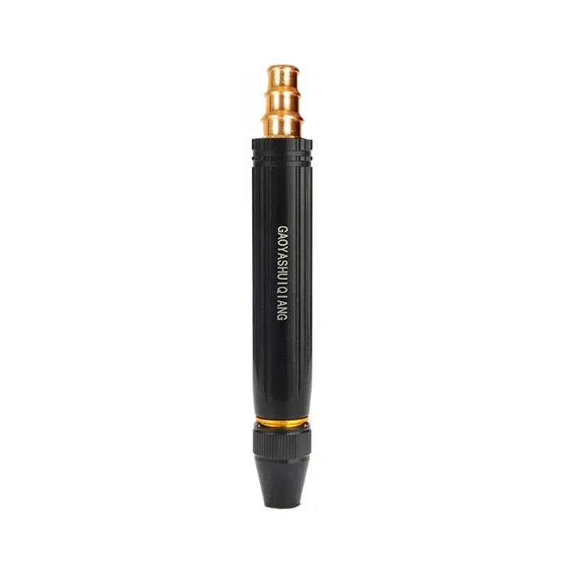 High Pressure Hose Nozzle - Single black nozzle with brass hose connector and adjustable spray tip, straight front view