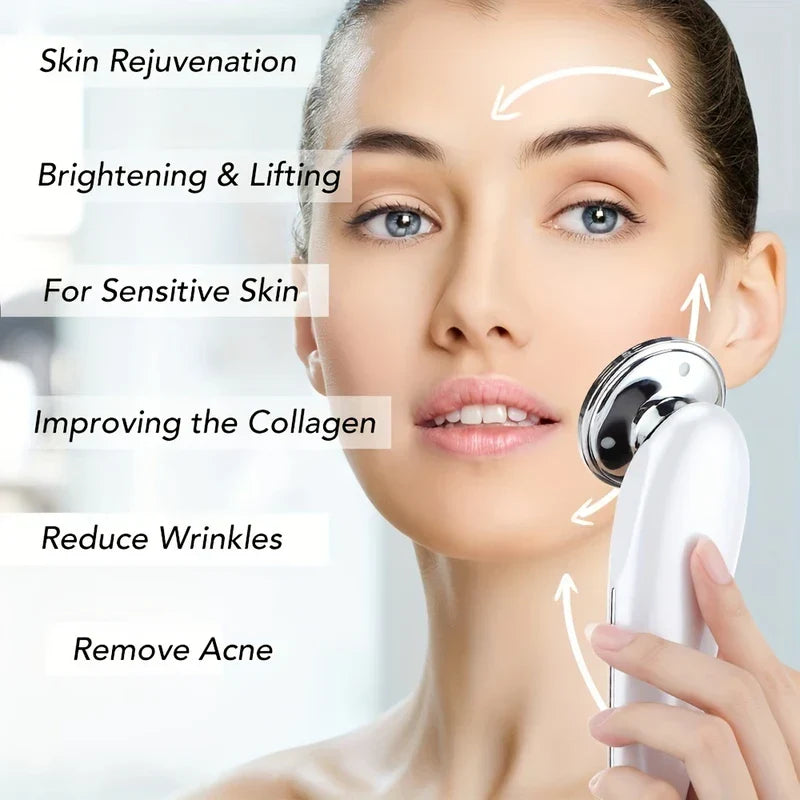 High Frequency Facial Wand - Handheld skincare device being used on a person's jawline with labeled skincare benefit text