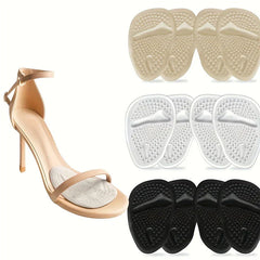 High Heel Forefoot Cushions - Multi-color pack of forefoot pads shown placed inside a nude strappy stiletto sandal