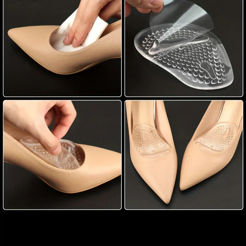High Heel Forefoot Cushions - Four-step process showing cleaning a shoe, peeling adhesive backing, placing an insole, and fitted insoles in a pair of heels