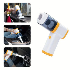 Car Vacuum Cleaner - Collage showing vacuum unit alongside three in-car use demonstrations on dashboard, center console, and air vent