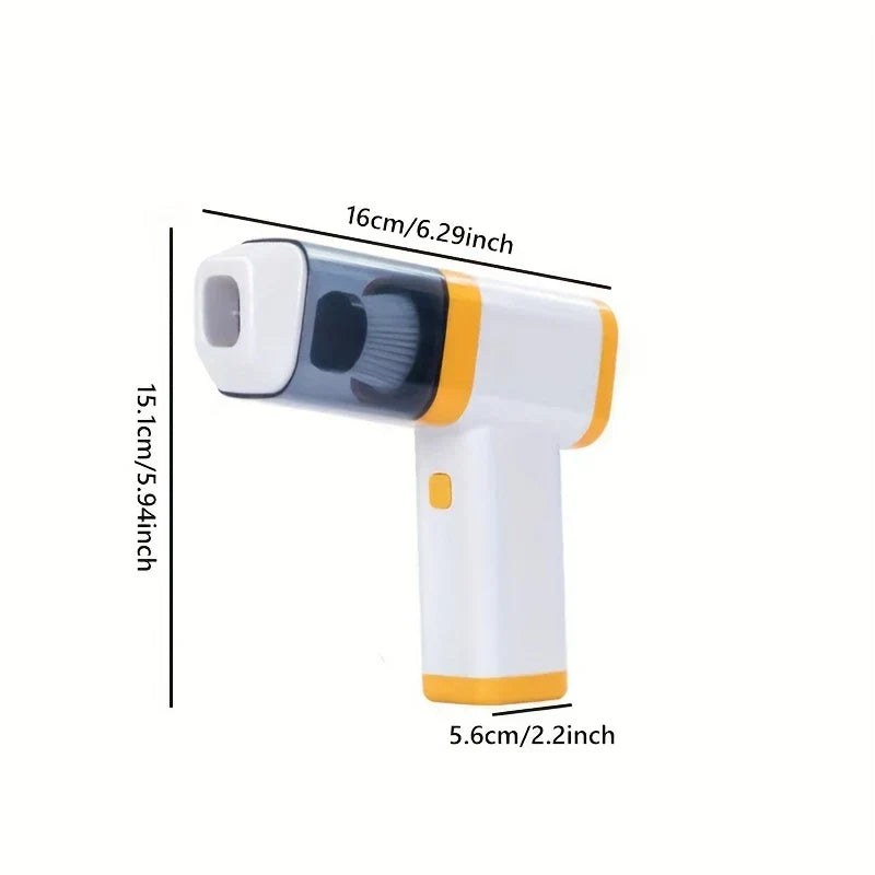 Car Vacuum Cleaner - Compact handheld vacuum in white with yellow accents, shown with length, height, and width dimension markings