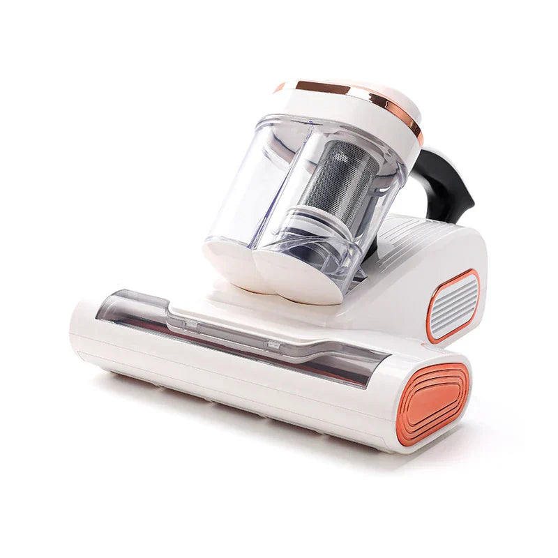 High Power Vacuum - White and rose gold handheld cleaning unit with transparent dust canister, black handle, and wide roller cleaning head
