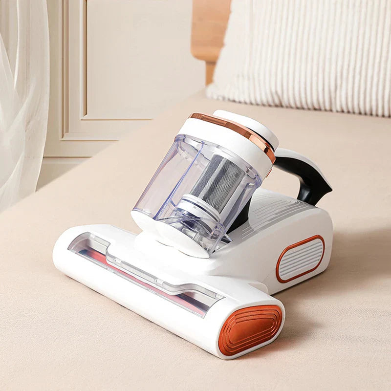 High Power Vacuum - Unit resting on a light beige bed surface in a bedroom setting