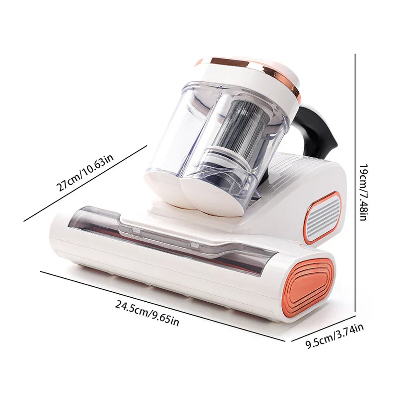 High Power Vacuum - White cordless handheld vacuum with rose gold accents, shown with dimension markings against a white background.