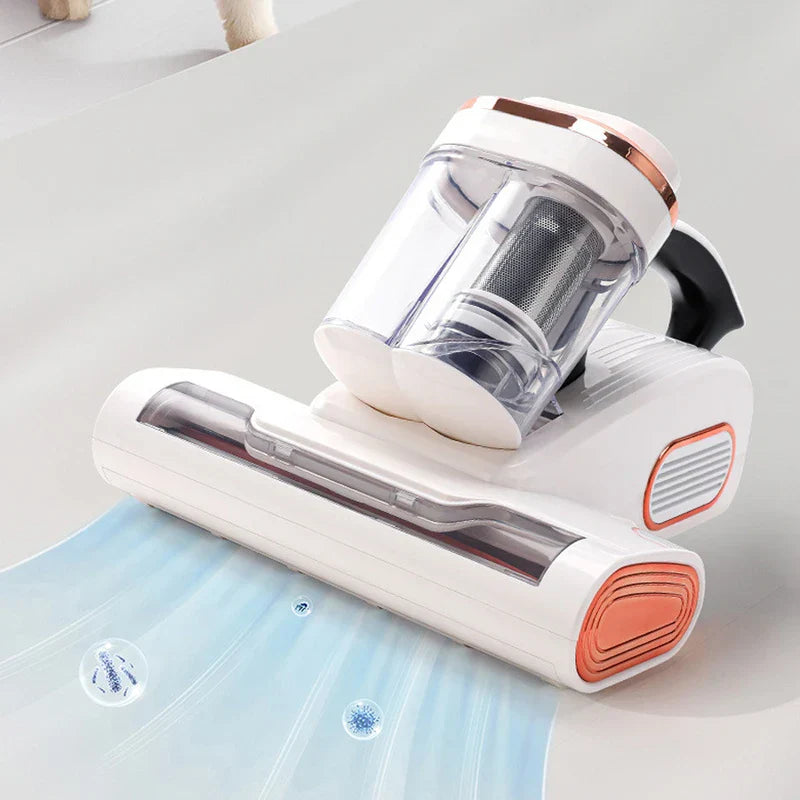 High Power Vacuum - Handheld vacuum resting on a light fabric surface, with visual indicators of airflow and captured particles.