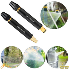 High Pressure Hose Nozzle - Two nozzles displayed with inset shots demonstrating spray patterns for car washing, plant watering, and surface cleaning