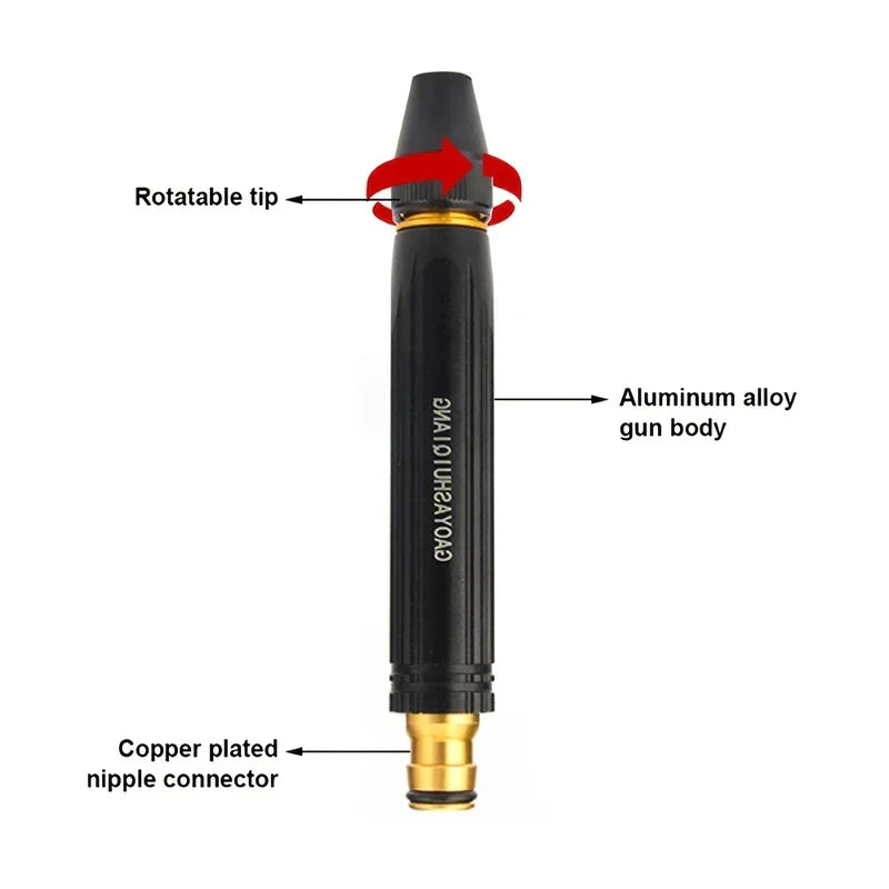 High Pressure Hose Nozzle - Single black water nozzle with part annotation labels pointing to its tip, body, and connector