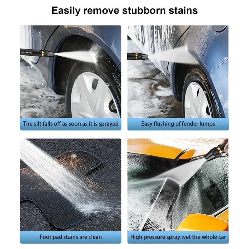 High Pressure Hose Nozzle - Four-panel grid showing a spray nozzle cleaning a car tire, fender, foot mat, and car body.