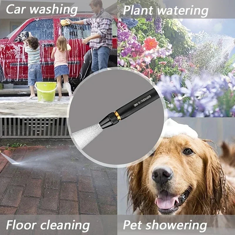 Boquilla de manguera de alta presión: boquilla de manguera negra rociando agua, mostrada con cuatro casos de uso: lavado de coches, riego de plantas, limpieza de suelos y ducha para mascotas