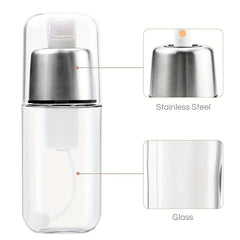 Oil Mister Sprayer - Diagram highlighting stainless steel spray top component and clear glass bottle body