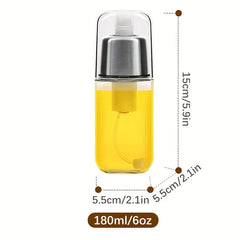 Oil Mister Sprayer - Glass oil spray bottle with size dimensions marked, showing 180ml/6oz capacity and filled with yellow liquid