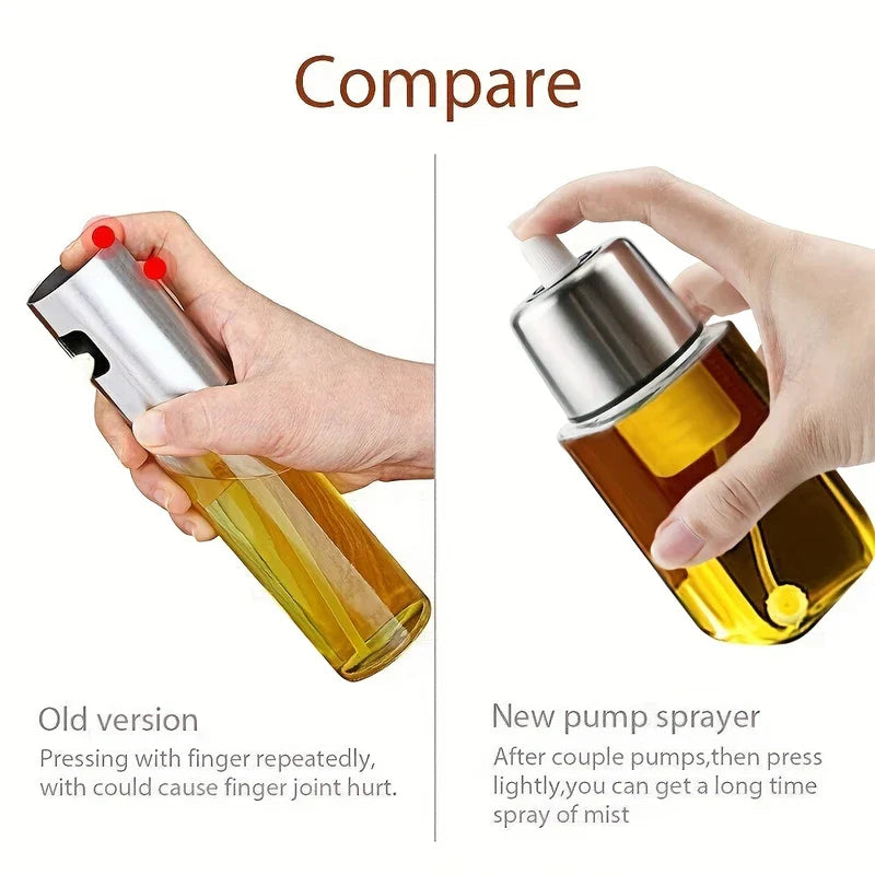Oil Mister Sprayer - Side-by-side comparison showing an old version oil sprayer held in a hand and a new pump sprayer held in a hand, with explanatory text below each