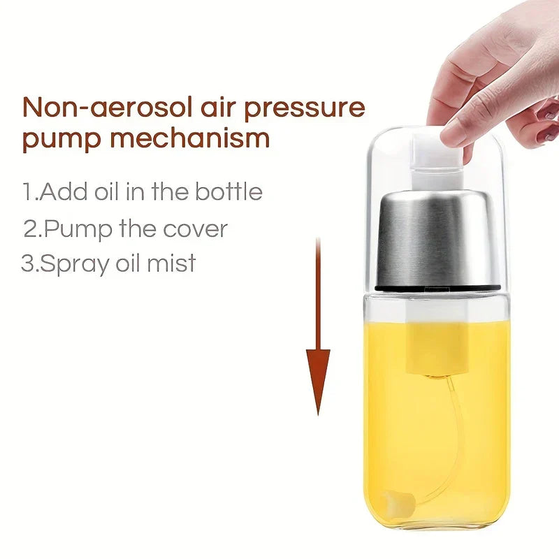 Oil Mister Sprayer - Diagram of a non-aerosol pump oil spray bottle, showing internal dip tube and three usage steps
