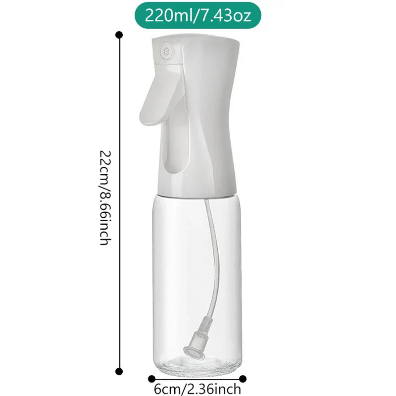 Mister Bottle - Clear glass spray bottle with white trigger, shown empty with labeled dimensions and 220ml capacity marking.