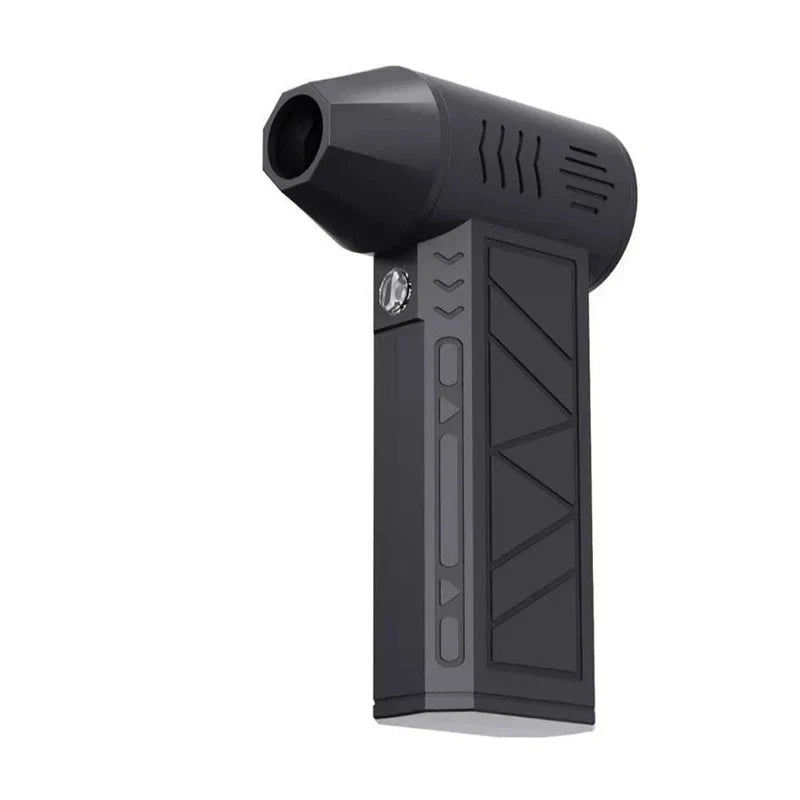 Air Circulator Fan - Angled front view of matte black handheld unit with textured grip, control buttons, and angled air outlet