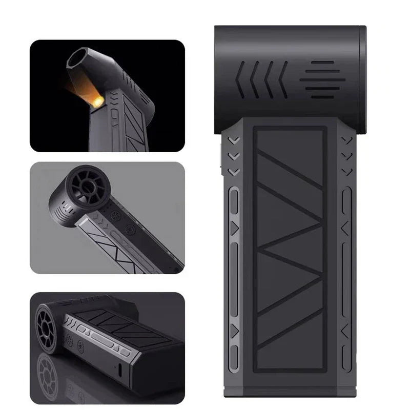 Air Circulator Fan - Collage showing adjustable head angle, built-in light feature, side profile with ventilation slits, and flat resting position of the unit