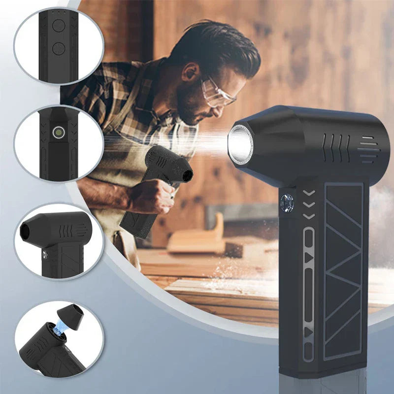 ventilador circulador de aire - Infografía que muestra la unidad soplando aserrín de una superficie de carpintería, con llamadas que resaltan botones de control, luz indicadora, salida de aire y accesorio de boquilla