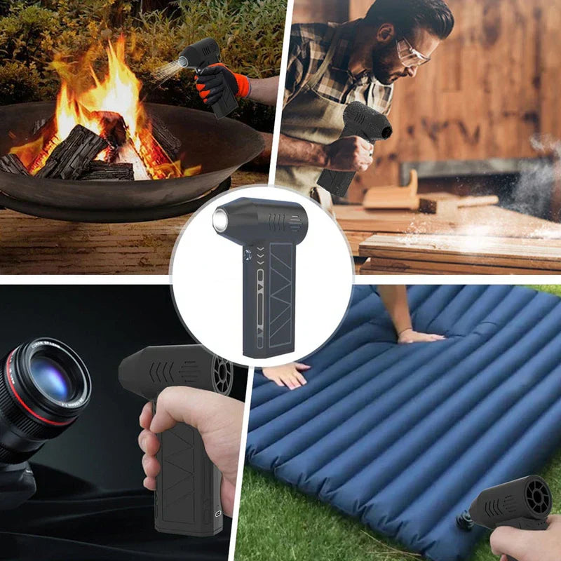 Air Circulator Fan - Collage showing the handheld air device in four usage scenarios with a centered product cutout