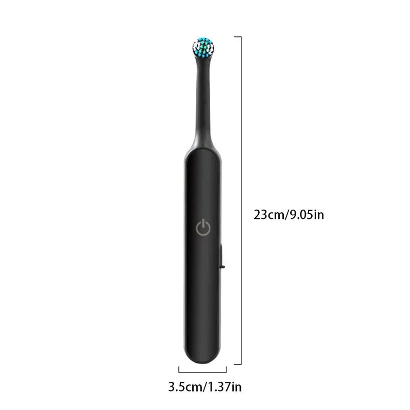 Cepillo de dientes eléctrico recargable - Cepillo de dientes eléctrico negro mostrado verticalmente con líneas de medición de altura y ancho