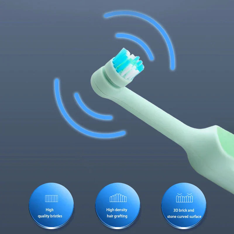 Cepillo de dientes eléctrico recargable - Primer plano de un cabezal de cepillo de dientes eléctrico giratorio con cerdas de acento azul, arcos de vibración y tres insignias azules de características debajo