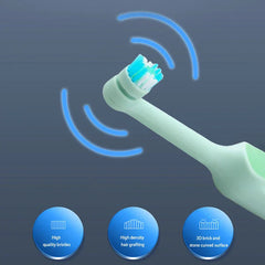 Cepillo de dientes eléctrico recargable - Primer plano de un cabezal de cepillo de dientes eléctrico giratorio con cerdas de acento azul, arcos de vibración y tres insignias azules de características debajo