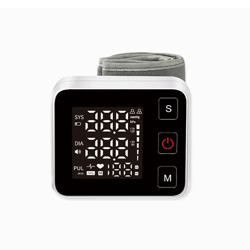 Bp Checker Machine - Front view of white-cased wrist-worn blood pressure monitor with folded cuff positioned behind the unit