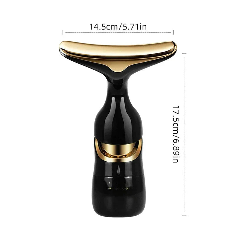 Skin Rejuvenation Device - Black and gold neck and face massager with dimension lines marking 14.5cm width and 17.5cm height