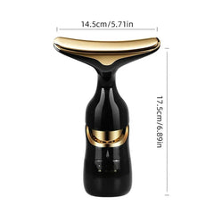 Skin Rejuvenation Device - Black and gold neck and face massager with dimension lines marking 14.5cm width and 17.5cm height