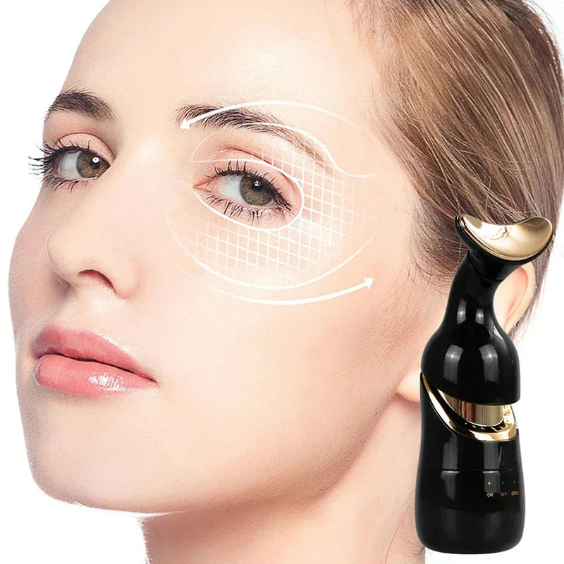 Skin Rejuvenation Device - Black and gold massager (curved head) beside a person’s face with curved arrows over the eye area