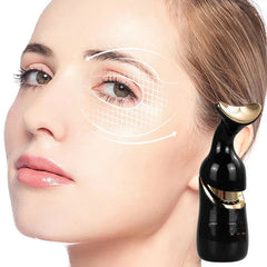 Skin Rejuvenation Device - Black and gold massager (curved head) beside a person’s face with curved arrows over the eye area