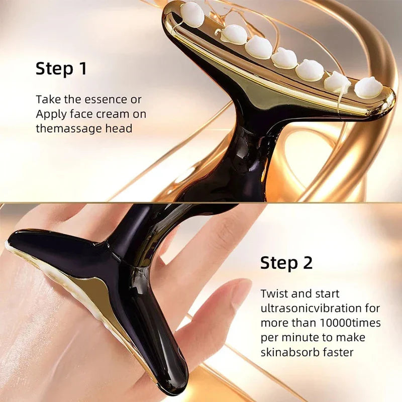 Skin Rejuvenation Device - Two-step massage device usage diagram showing cream application and vibration activation steps