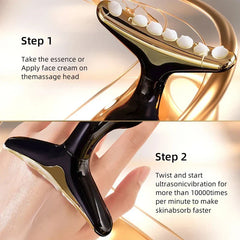 Skin Rejuvenation Device - Two-step massage device usage diagram showing cream application and vibration activation steps