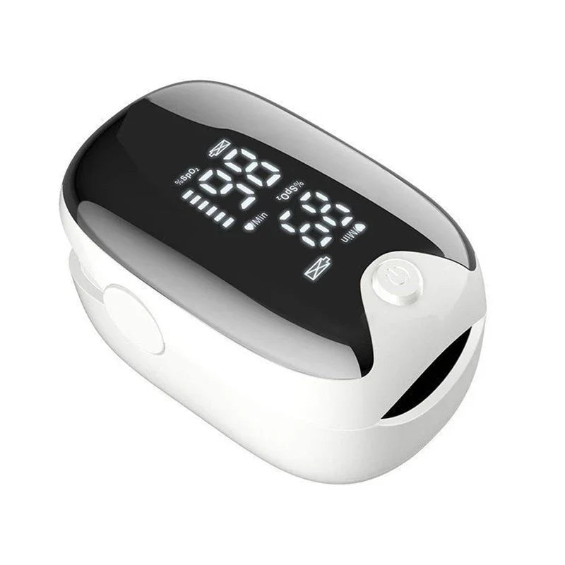 Digital Bp Monitor - White and black fingertip health monitor with illuminated LED display showing measurement readouts and single power button