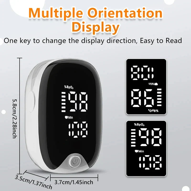 Digital Bp Monitor - Fingertip pulse oximeter with size dimensions, display showing orientation change examples.