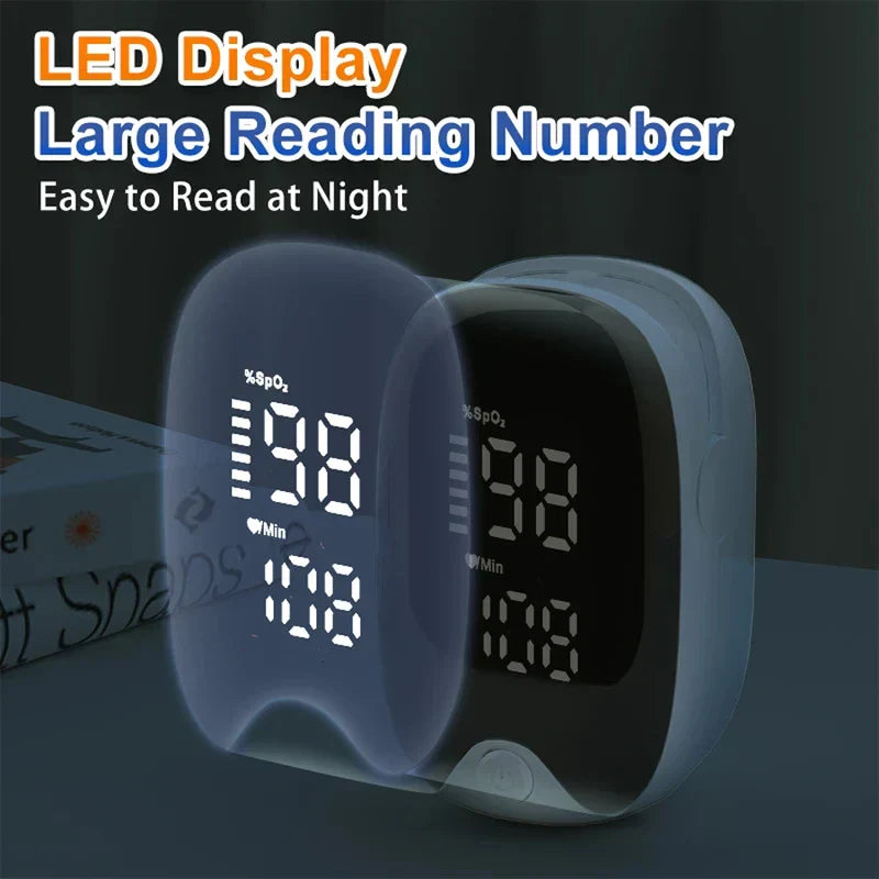 جهاز رقمي لمراقبة ضغط الدم - جهازا قياس تأكسج النبض يوضحان قراءة شاشة LED الكبيرة على خلفية داكنة.